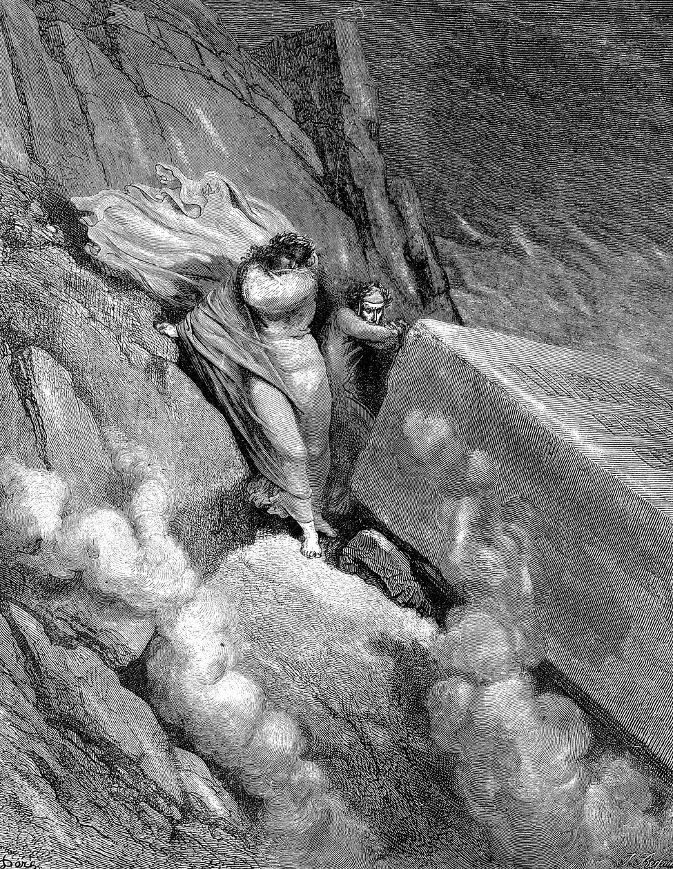 Dante ve Virgil, pis bir kokunun yükseldiği uçurumun kenarında, 1863 by Gustave Dore
