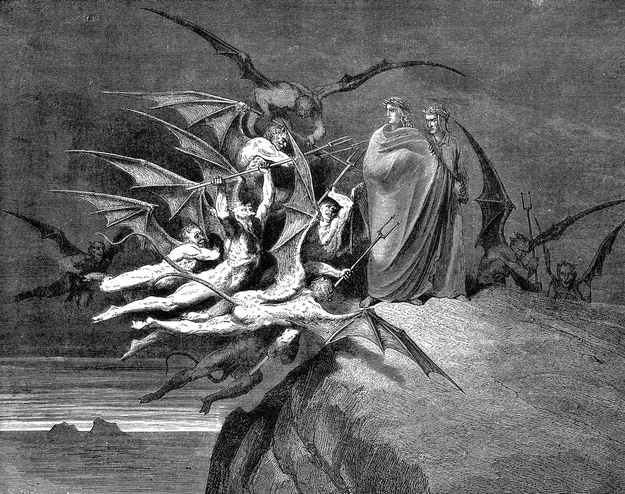 Dante ve Virgil, sekizinci çemberden geçerken iblisler tarafından kuşatıldı, 1861 by Gustave Dore