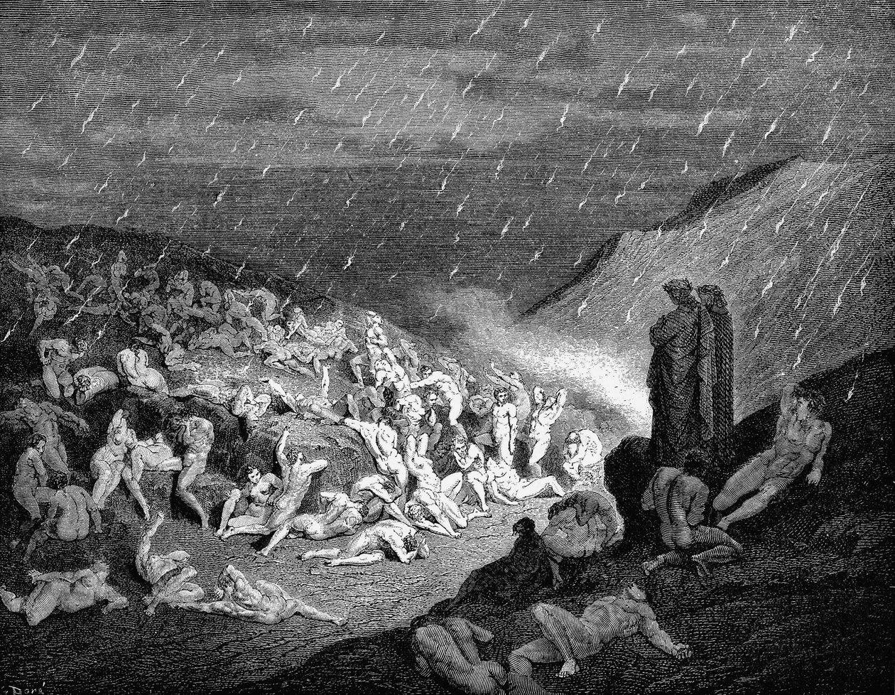 Dante ve Virgil cehennemde işkence gören ruhlara tepeden bakıyor, 1863 by Gustave Dore