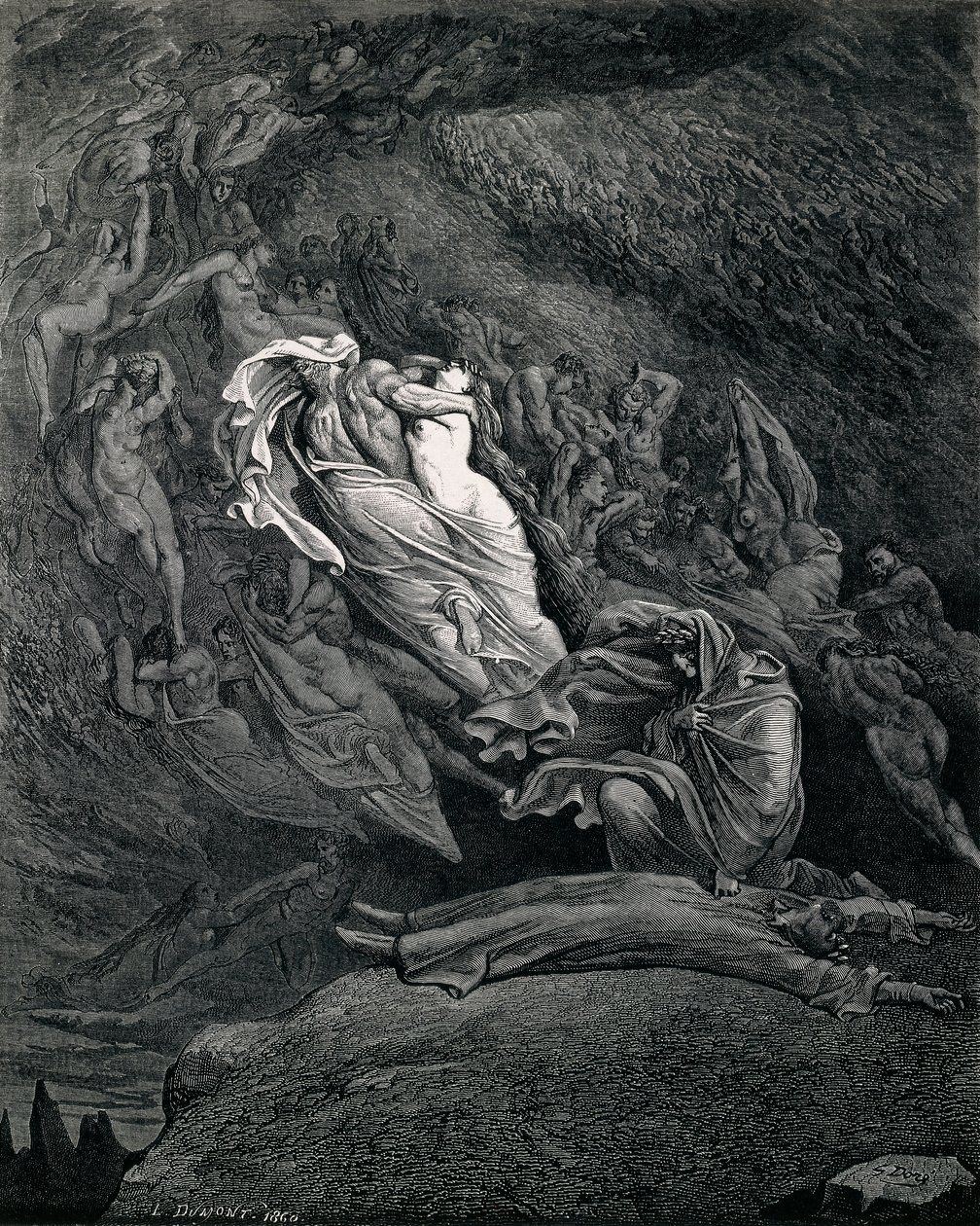 Paolo ve Francesca ile Dante ve Virgil, Cehenneme İllüstrasyon, İlahi Komedyanın V. Kantosu, Dante Alighieri (1265-1321), Yazan Gustave Dore (1832-1883) by Gustave Dore