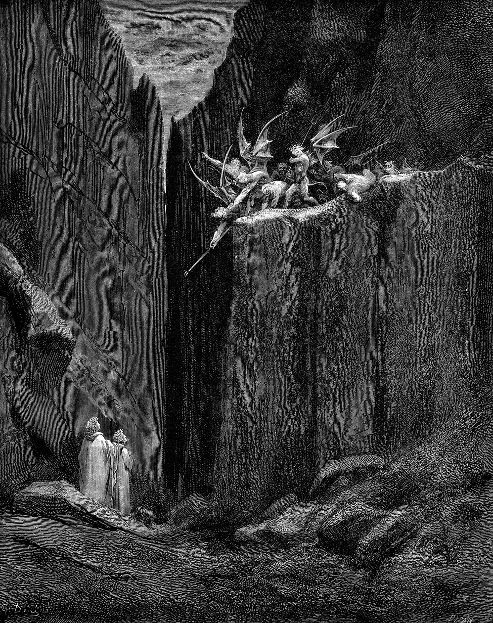 Dante, Virgil tarafından iblislerin zararlarından korunuyor, 1863 by Gustave Dore