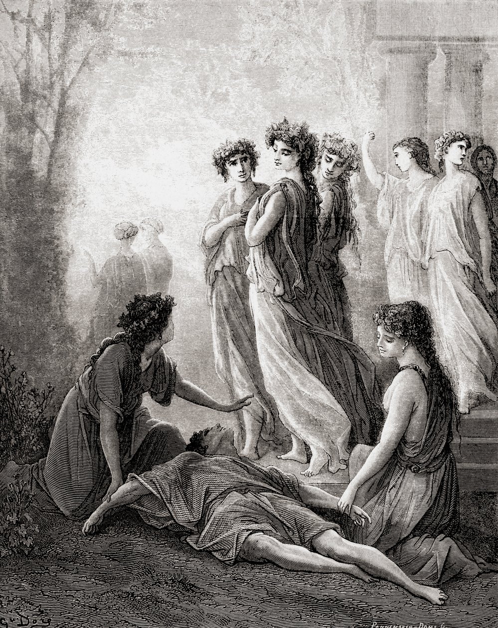 Daphnis et Alcimadure, 19. yüzyılın sonlarında Fables de La Fontaine baskısından (ahşap gravür) by Gustave Dore