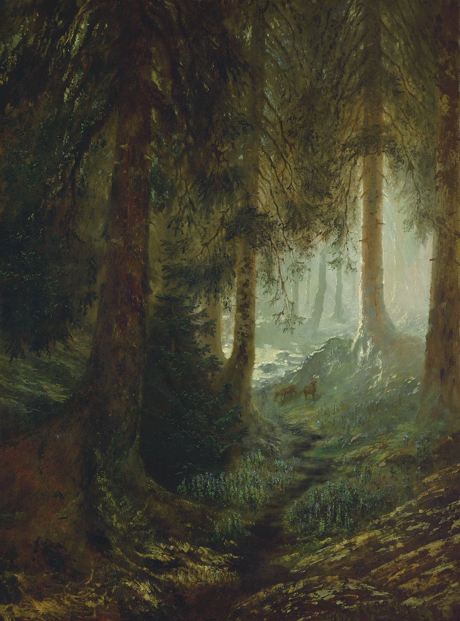 Bir orman manzarasında geyik by Gustave Dore