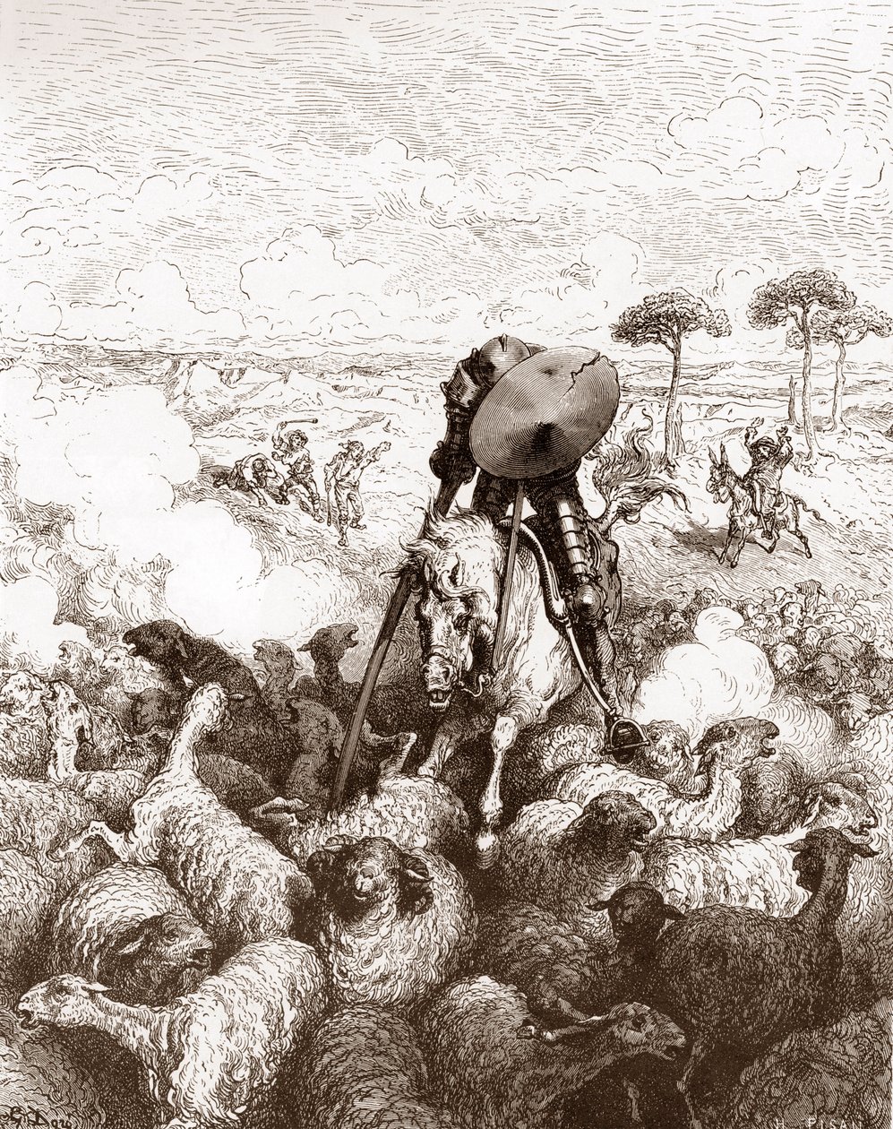 Don Kişot koyun sürüsüne saldırıyor Miguel de Cervantes'in "The Ingenieux Hidalgo Don Quixote de la Mancha (Quixotte - Quixote)" için Gustave Dore'un (1832-1883) gravürü (1547-1616) 1863 Özel koleksiyon by Gustave Dore