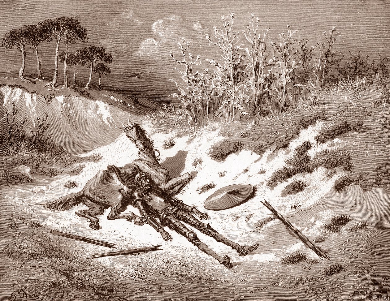 Don Kişot Dayak yedikten sonra Kişot ideal hanımı Dulcinea del Toboso'yu çağırır. "The Ingenieux Hidalgo Don Quixote de la Mancha (Quixotte - Quijote)", Miguel, Cervantes (1547-1616) için Gustave Dore'un (1832-1883) gravürü (1547-1616) 18 by Gustave Dore