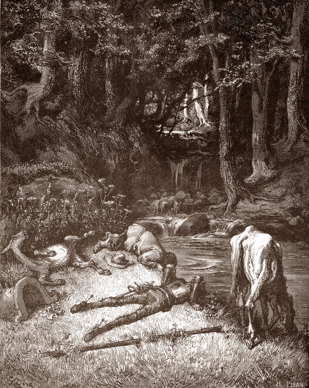 Don Kişot ve Sancho Panza, Miguel de Cervantes'in (1547-1616) “L'Ingenieux Hidalgo Don Quixote de la Manche (Quixotte - Quijote)” için Gustave Dore'un (1832-1883) gravürünü bir derede tazeliyor (1547-1616) 1863 Özel koleksiyon by Gustave Dore