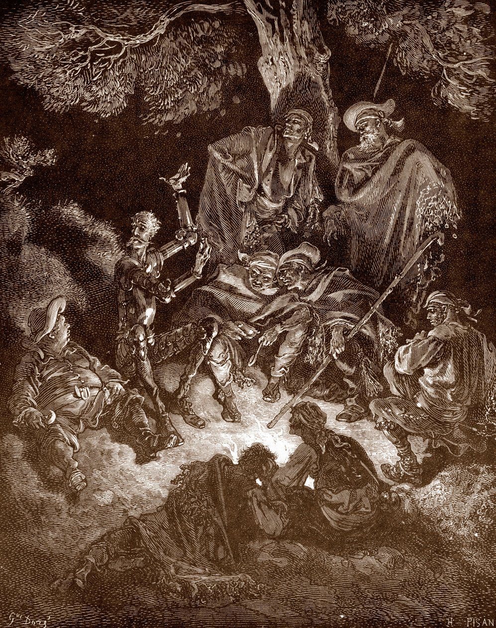 Don Kişot ve Sancho Panza keçi çobanlarıyla birlikte Miguel de Cervantes'in “L'Ingenieux Hidalgo Don Quixote de la Manche (Quixotte - Quijote)” için Gustave Dore (1832-1883) gravürü (1547-1616) 1863 Özel Koleksiyon by Gustave Dore