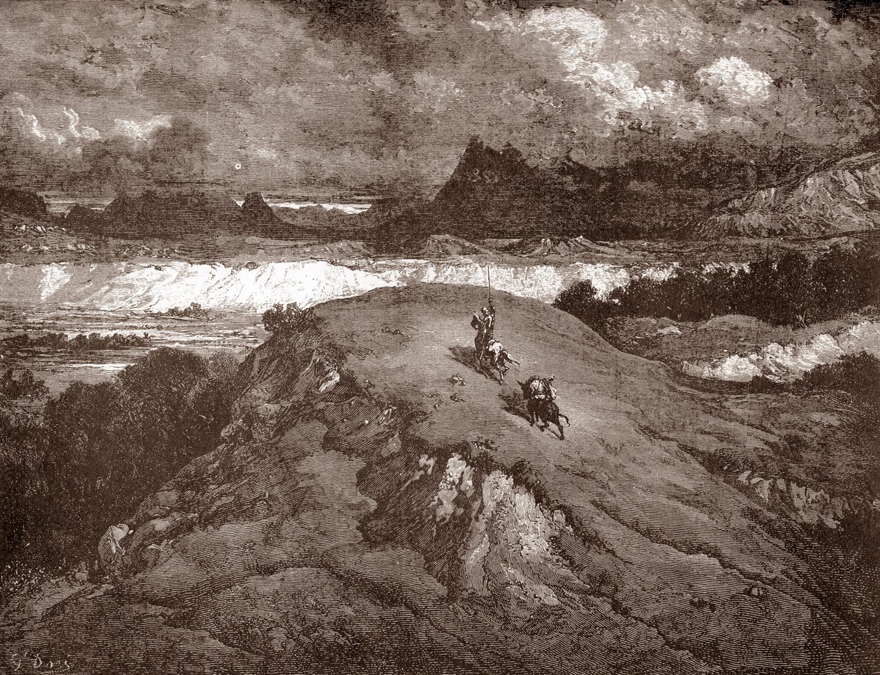 Don Kişot ve sancho Panza sierra morena'ya yaklaşırken Gustave Dore'un (1832-1883) “L'Ingenieux Hidalgo Don Quixote de la Manche (Quixotte - Quixote)” için gravürü, Miguel de Cervantes (1547-1616) 1863 Özel koleksiyon by Gustave Dore