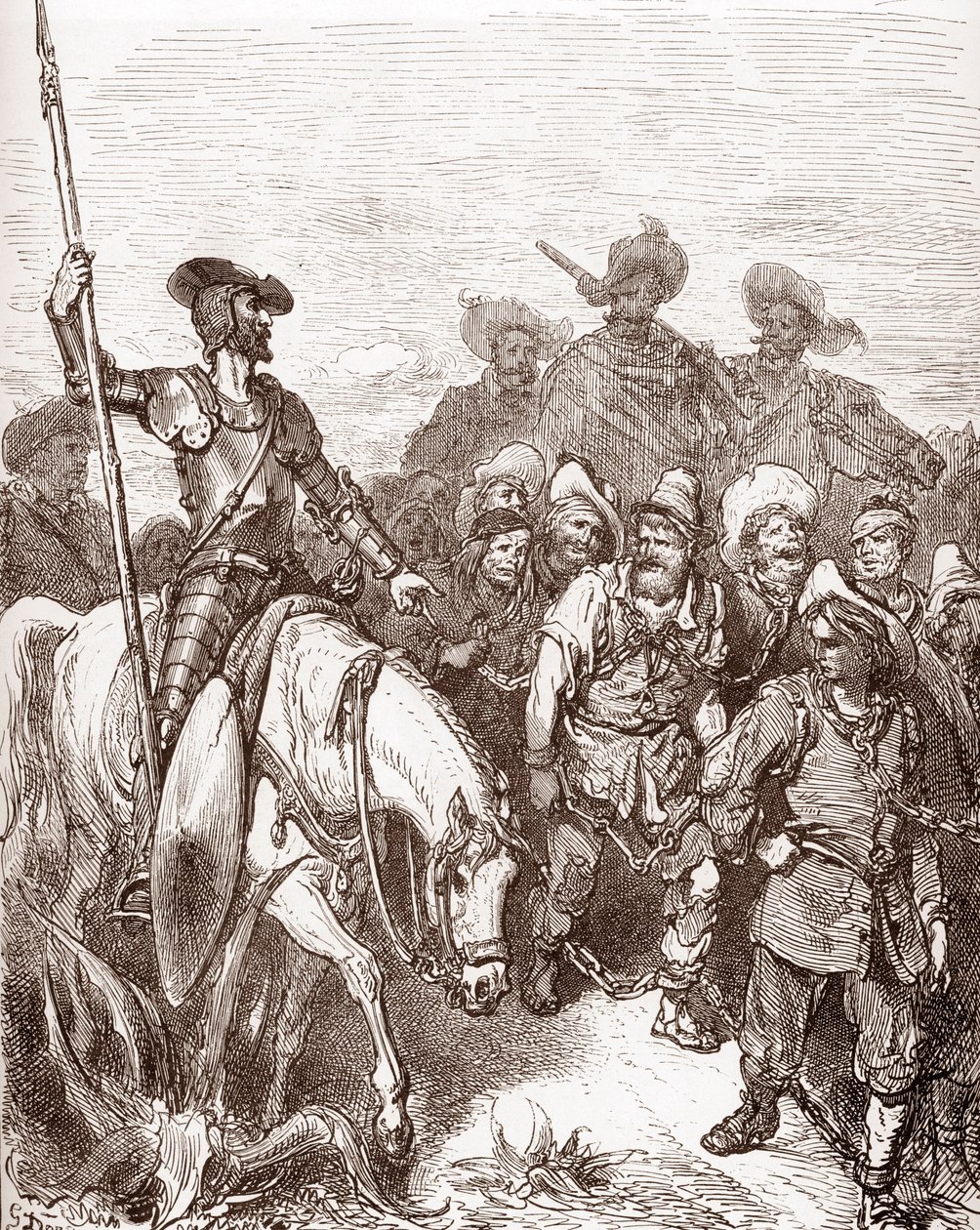 Don Kişot ve sancho Panza, kadırgalara götürülen suçluları sorguya çeker. Gravür, Gustave Dore (1832-1883), “L'Ingenieux Hidalgo Don Quixote de la Mancha (Quixotte - Quijote)”, Miguel de Cervantes (1547-1616) 1863 Özel Toplamak by Gustave Dore