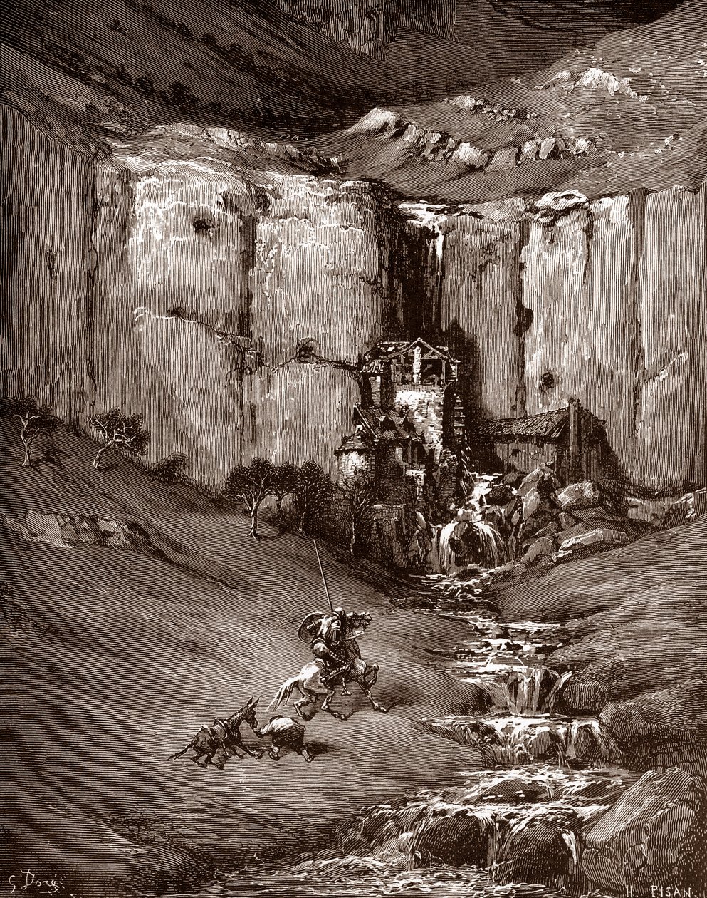 Don Kişot ve sancho Panza bir şelale ve gürültülü kulübeler görüyor (Don Kişot ve sancho Panza bir şelale ve gürültülü kulübeler görüyor) Gustave Dore'nin (1832-1883) "The Ingenieux Hidalgo Don Quixote de la Mancha (Quixotte - Quijote)" için  by Gustave Dore