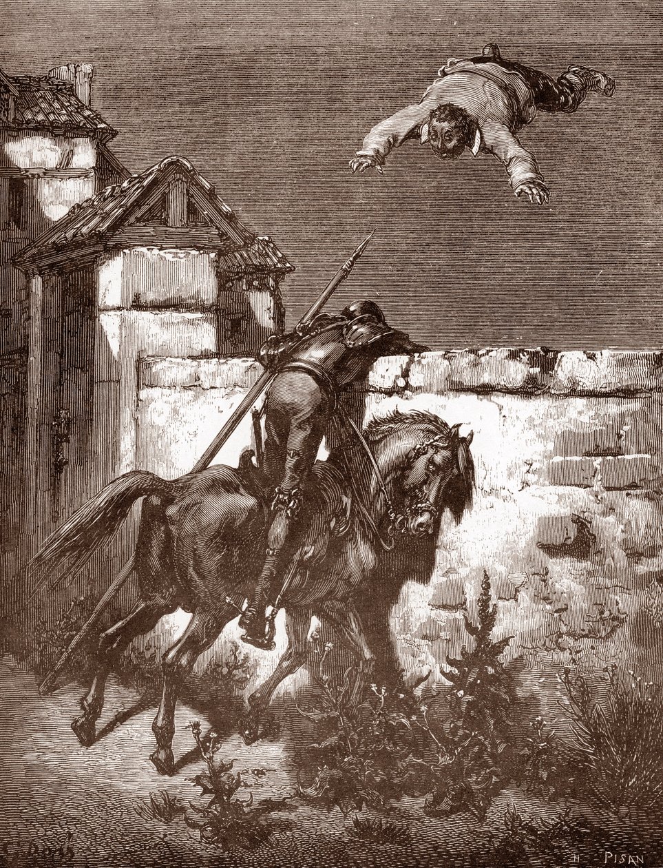 Don Kişot, Sancho Panca'nın bir battaniyenin üzerinde zıplamasına neden olan fırlatıcılarını durdurmayı başaramaz (Don Kişot'un itirazları fırlatıcıları etkilemez) “L'Ingenieux Hidalgo Don Kişot de la Mancha (Don Kişot”un itirazları fırlatıcıla by Gustave Dore