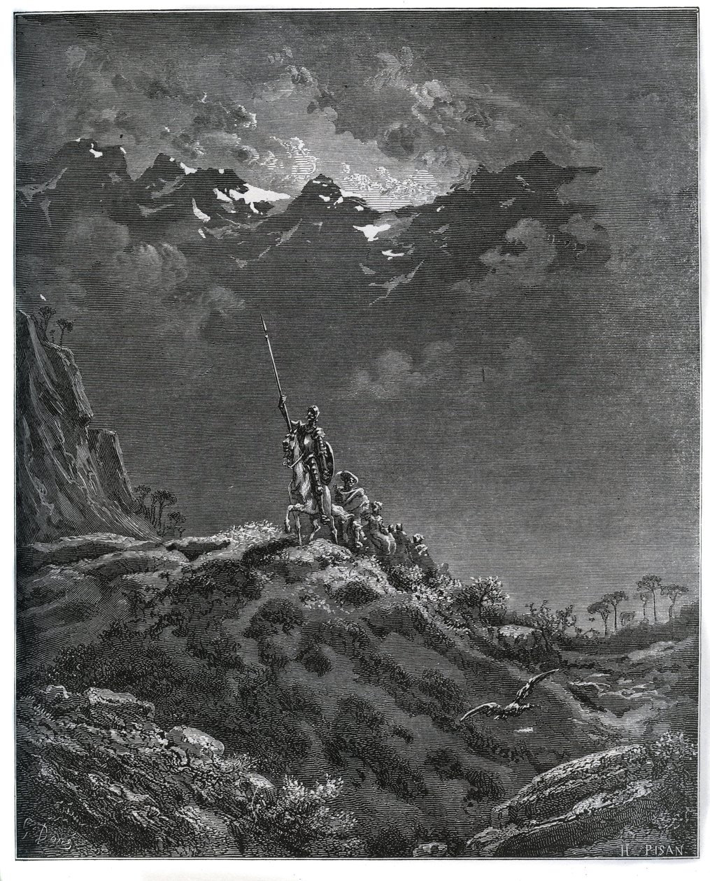 Don Kişot, Sancho Panza, berber, Dorothee, tedavi ve Cardenio eşliğinde Dorothee için göreve gidiyor - Miguel Cervantes