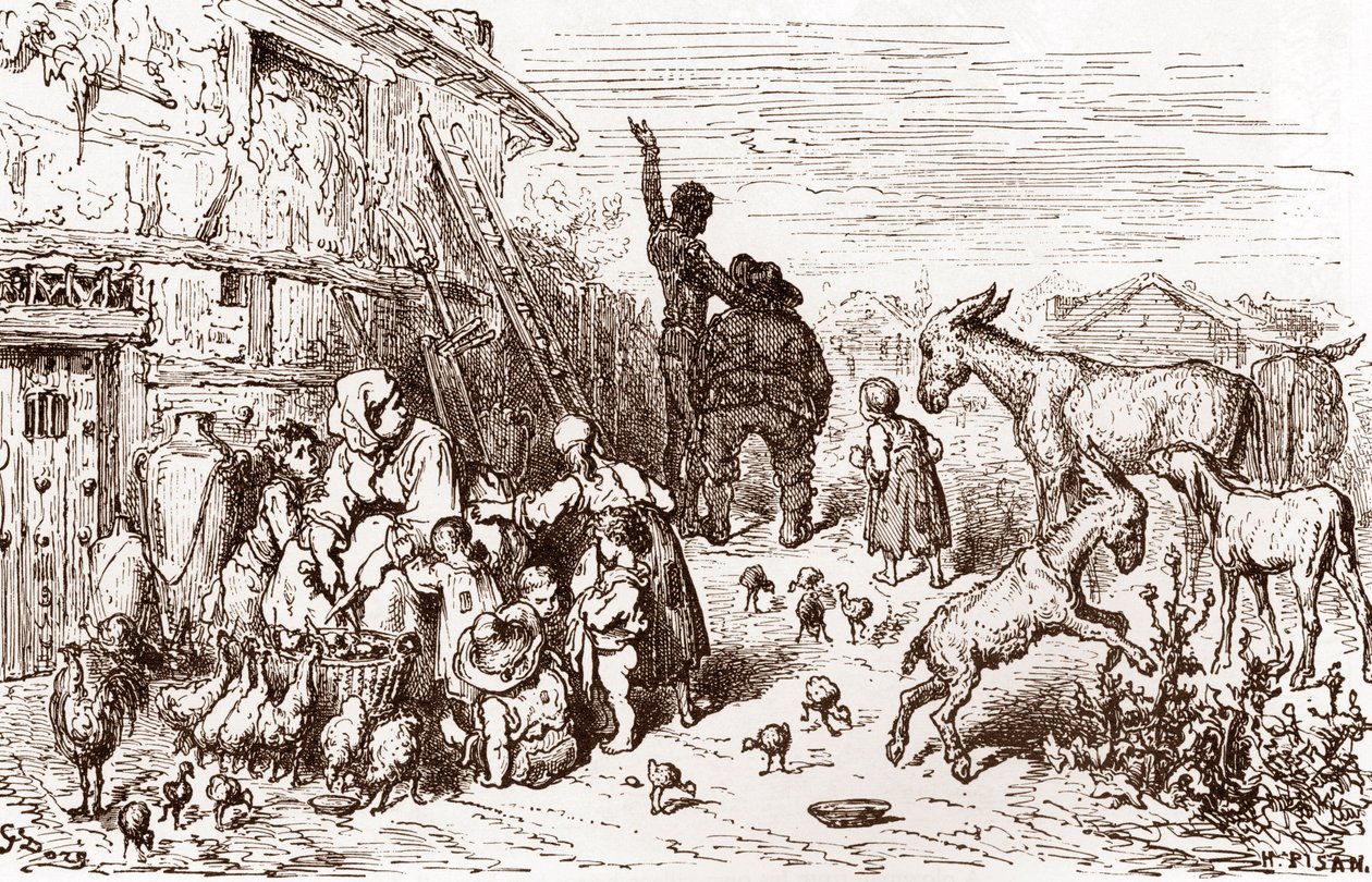 Don Kişot, komşusu Sancho Panza'yı, Miguel de Cervantes'in (1547-1616) “L'Ingenieux Hidalgo Don Quixote de la Manche (Quixotte - Quijote)” için Gustave Dore'nin (1832-1883) gravürü (1863) olması için ikna eder. by Gustave Dore