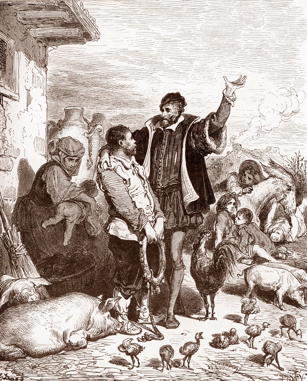 Don Kişot, komşusu Sancho Panza'yı fethedilen bir adanın valisi yapacağına söz vererek yaveri olmaya ikna eder. miguel de ce by Gustave Dore
