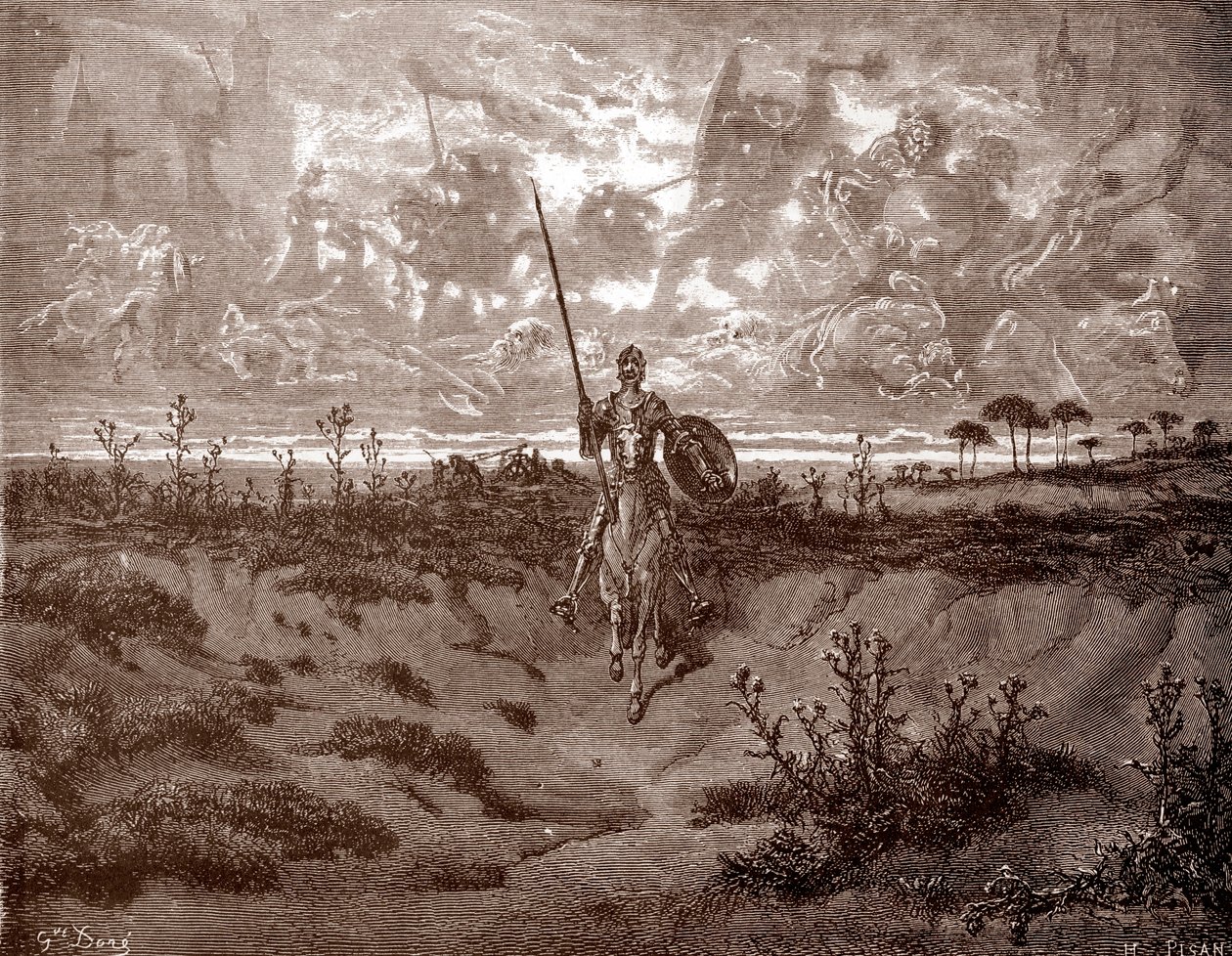 Don Kişot maceralarına atılıyor Miguel de Cervantes'in “L'Ingenieux Hidalgo Don Quixotte de la Manche (Quixotte - Quijote)” için Gustave Dore (1832-1883) gravürü (1547-1616) 1863 Özel koleksiyon by Gustave Dore