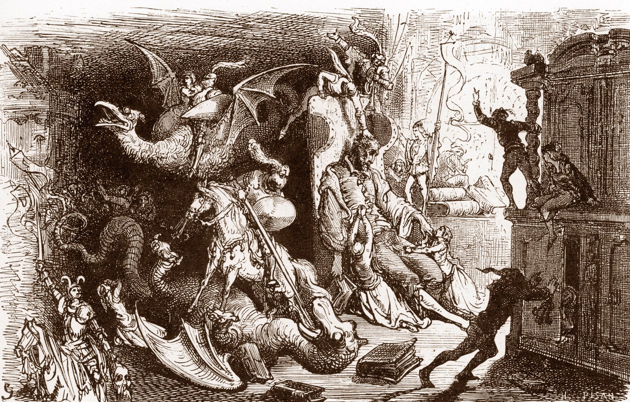 Don Kişot şövalyelik işlerinden başka bir şey düşünmez Miguel de Cervantes'in “L'Ingenieux Hidalgo Don Quixote de la Manche (Quixote - Quijote)” için Gustave Dore'un (1832-1883) gravürü (1547-1616) 1863 Özel koleksiyon by Gustave Dore