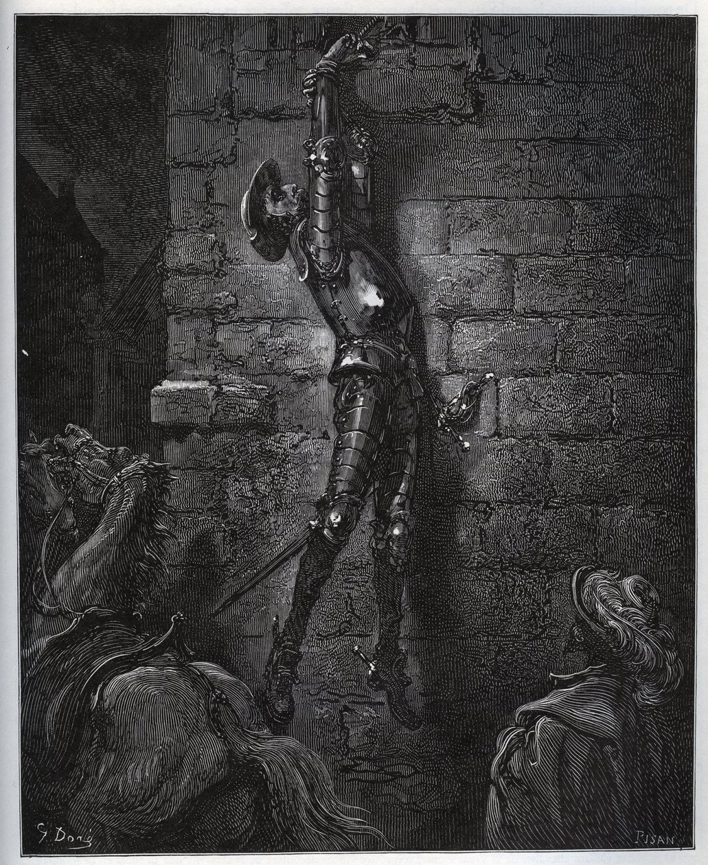 Hancının kızı ve Maritornes tarafından tuzağa düşürülen Don Kişot, bir pencereden asılı kalır. - Miguel Cervantes (1547-1616) tarafından “Don Kişot de la Mancha”dan (Don Kişot) - Gustave Dore tarafından çizildikten sonra gravür by Gustave Dore