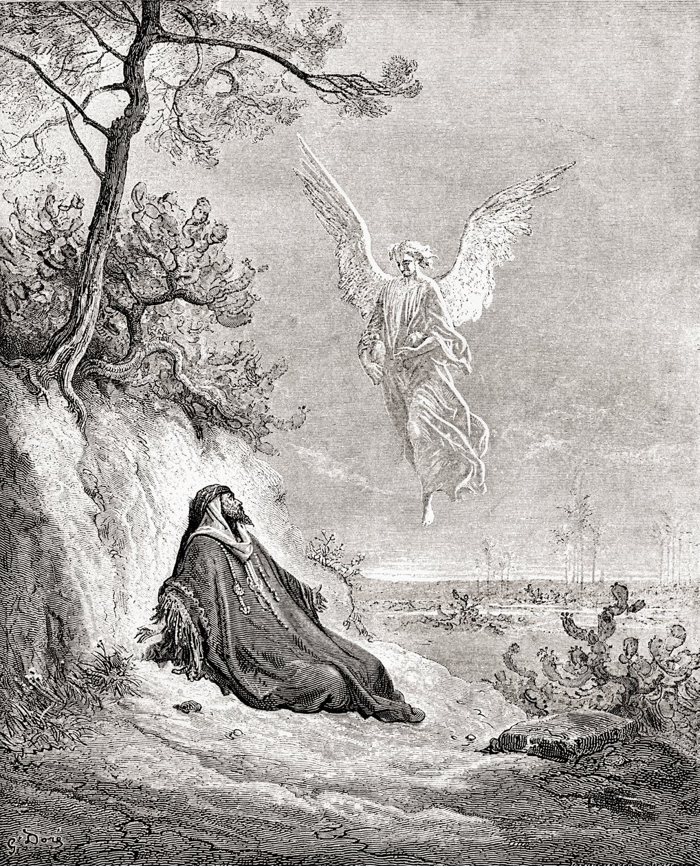 Bir melek tarafından beslenen İlyas. Gustave Dore'un İncil'den bir çalışmasından sonra. Gustave Dore'un Yaşamı ve Anılarından, 1885'te yayınlandı. by Gustave Dore