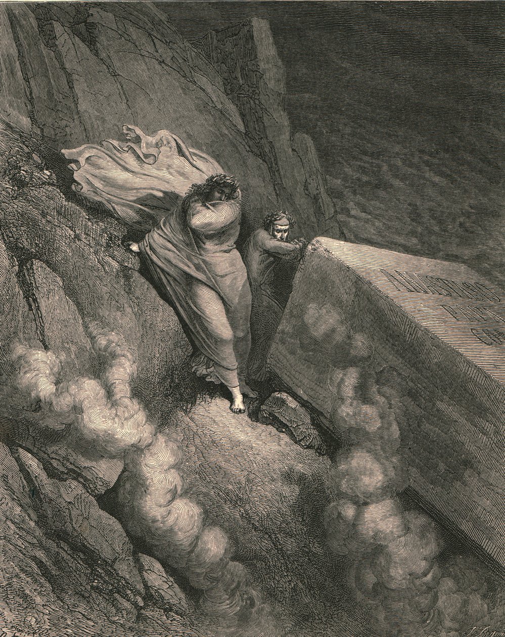 Derin uçurumdan, büyük bir anıtın kapağının arkasında emekli olduk, c1890. by Gustave Dore