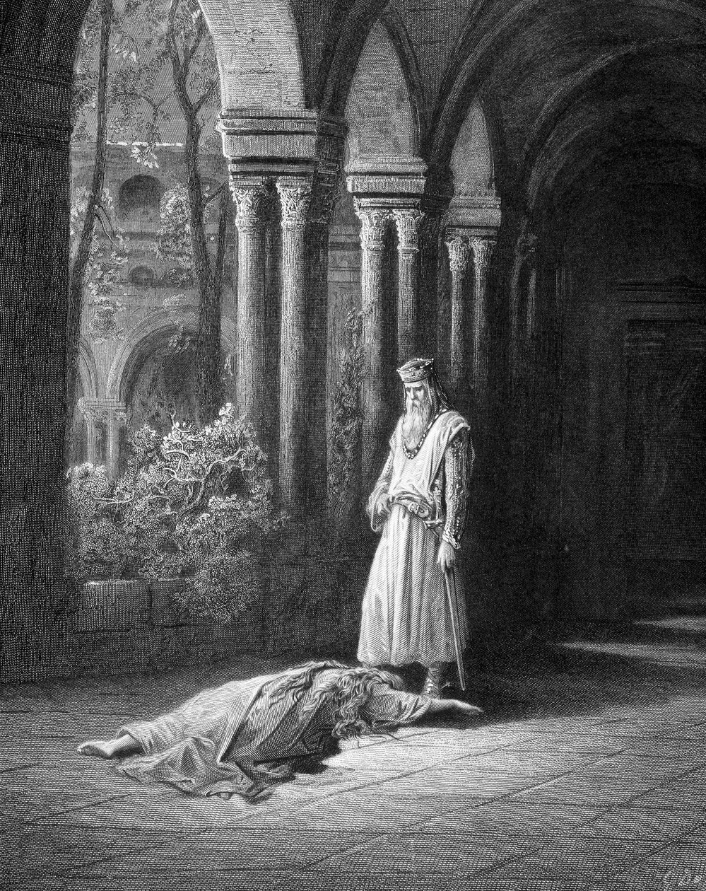 Durdu: Kraliçe kendini biraz ona doğru sürükledi, ellerini kocasının (Junièvre ve Kral Arthur) ayaklarının etrafına koydu - hasta Alfred Tennyson