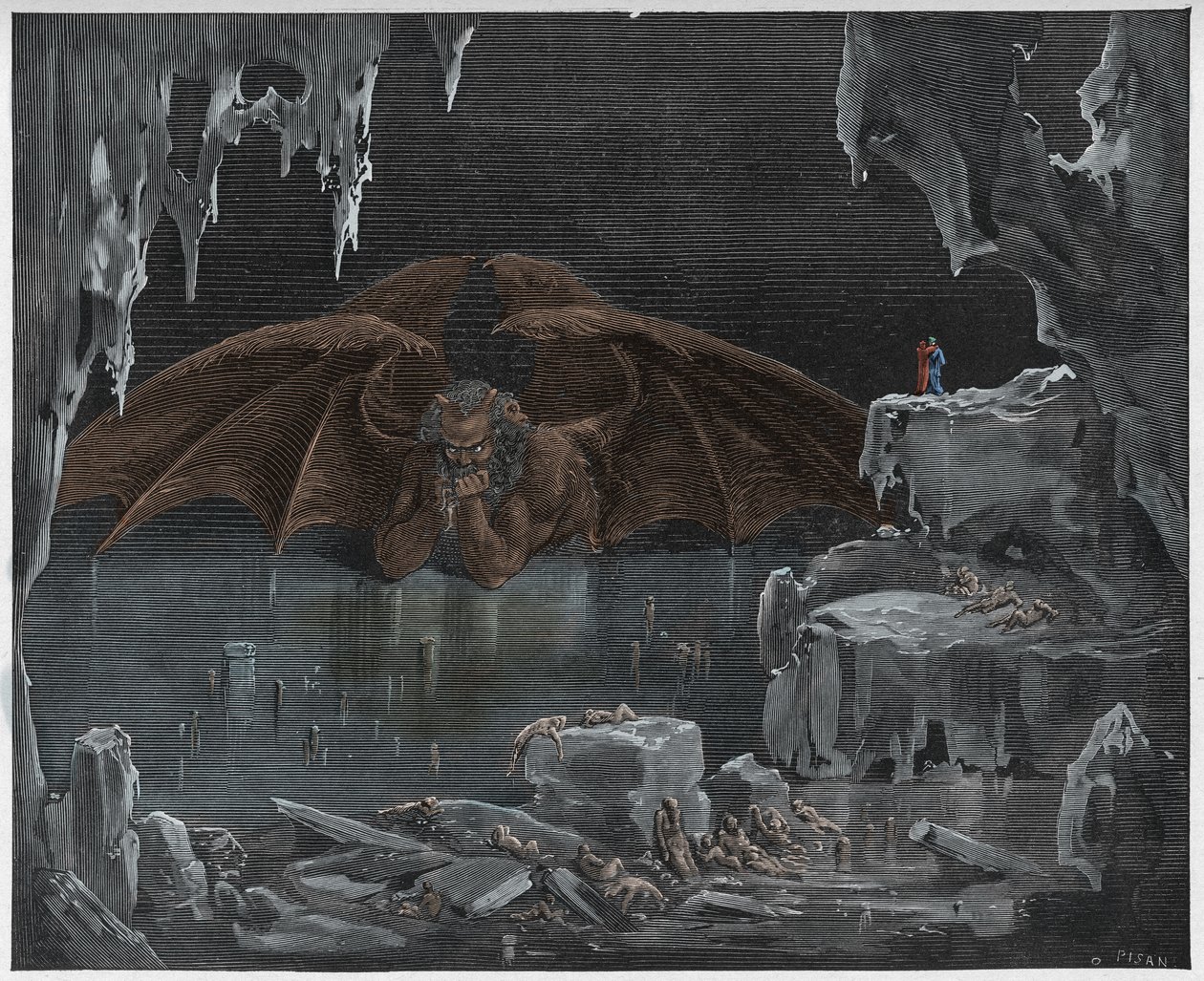 Cehennem, Canto 34: Lucifer, Cehennemin Kralı, buzda donmuş, Dante Alighieri