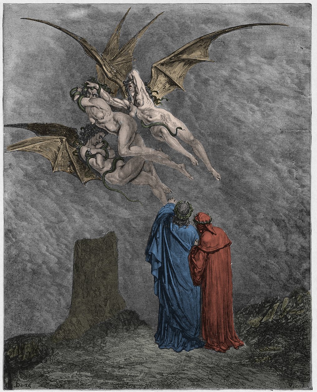 Cehennem, Canto 9: Korkunç Erinyes: Megaera, Tisiphone, Alecto by Gustave Dore
