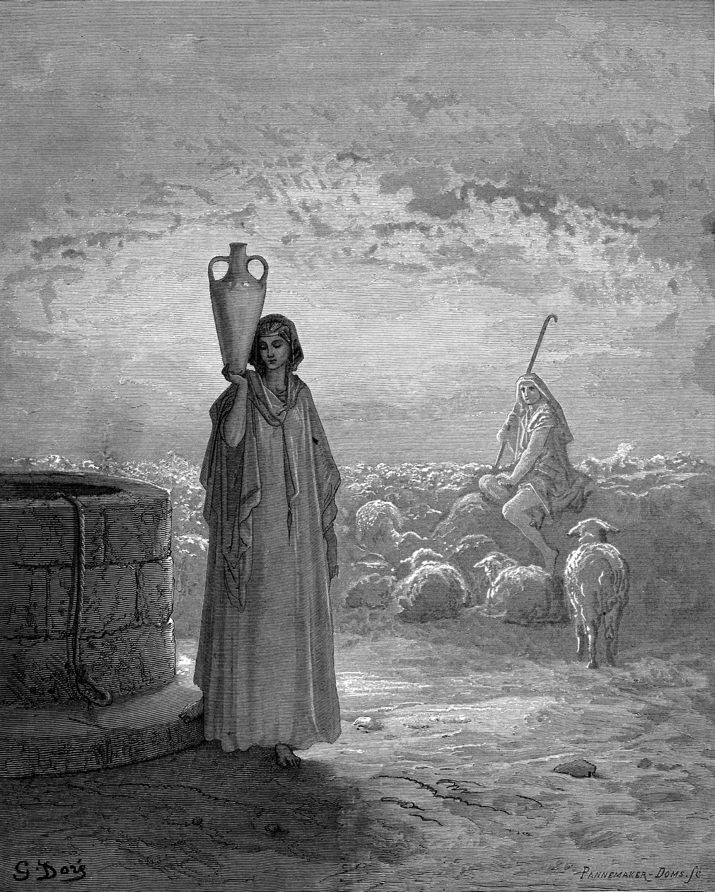 Laban'ın sürülerini güden Yakup, kuyuda Rahel'i görür. Genesis 29. Gustave Dore'un resimli İncil'inden 1866. Ahşap gravür by Gustave Dore