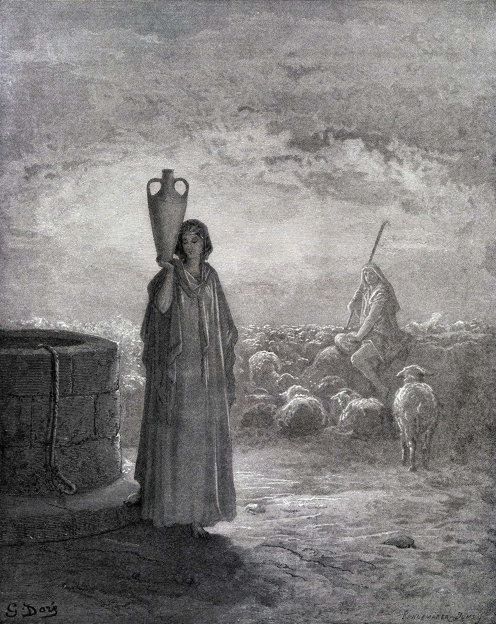 Yakup Laban sürülerini güdüyor by Gustave Dore