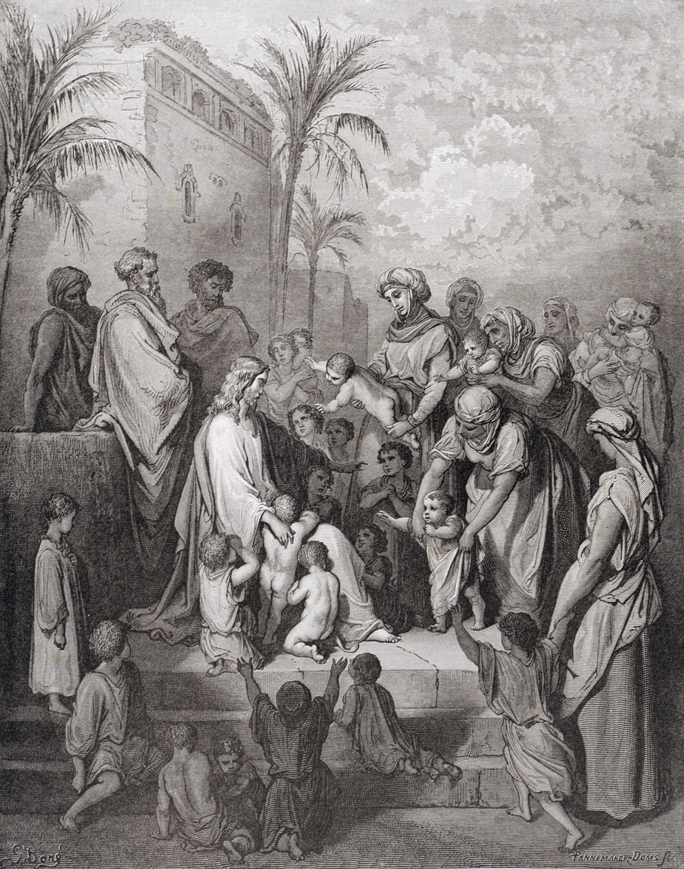 İsa'nın Çocukları Kutsaması, Stephane Pannemaker (1847-1930) tarafından oyulmuş, c.1868 by Gustave Dore