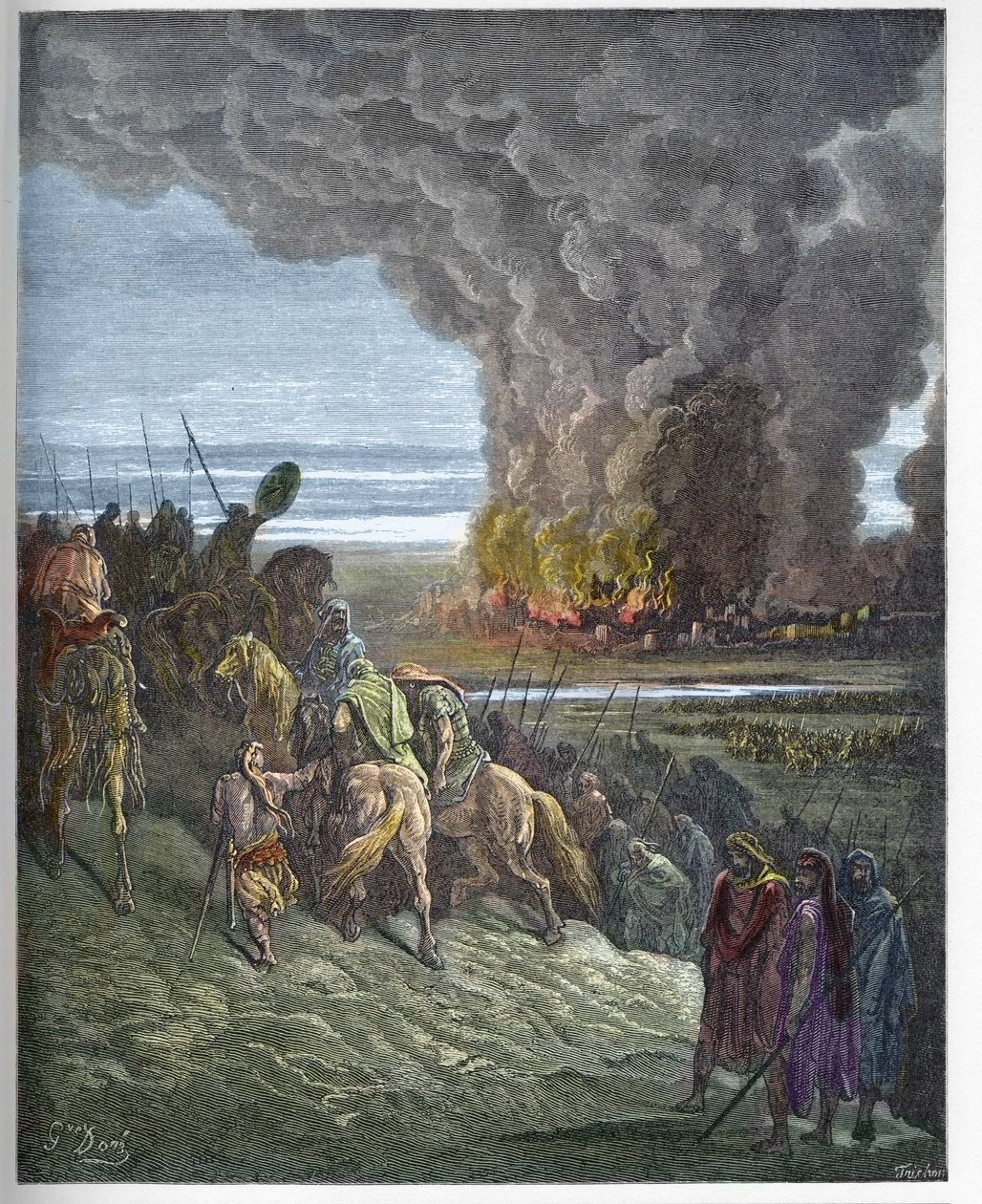 Joshua, Ai kasabasını yakar - Josue tarafından Ai şehrinin (Hai) fethi (Josue Book to Flames the City of Ai) - Gustave Dore (1832-1883) tarafından “The Bible illustree”de gravür ““Dore İncili”” by Gustave Dore