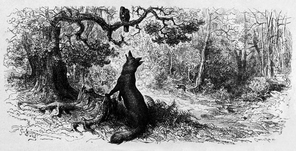 Kuzgun ve Tilki (gravür by Gustave Dore