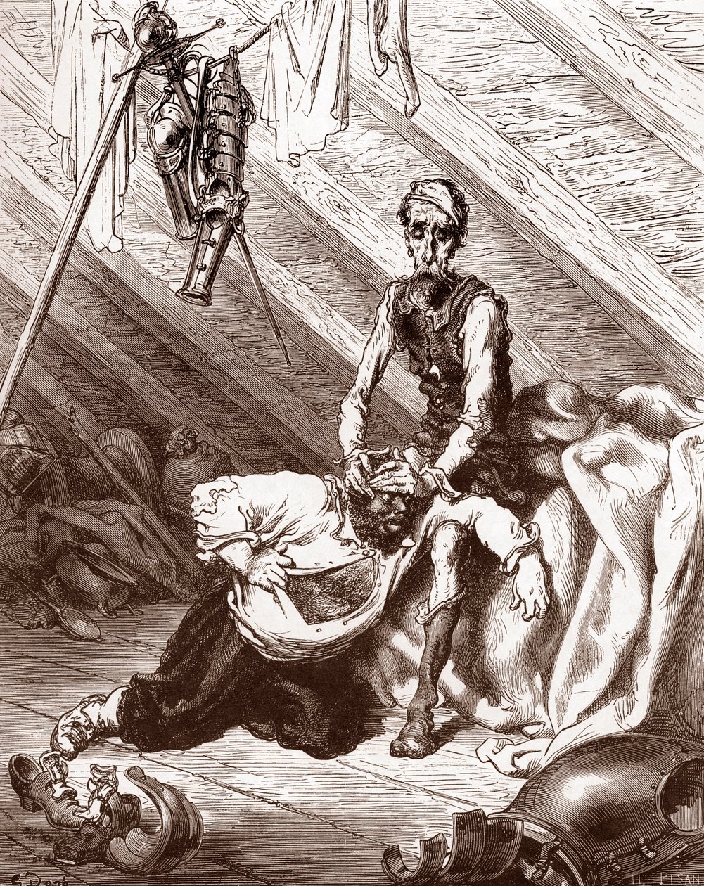 Fierabras iksirinin kötü etkileri (Sancho'nun morluklarını iyileştiren ilacın kötü etkileri) Cervantes'in Miguel'in “L'Ingenieux Hidalgo Don Quixotte de la Manche (Quixotte - Quijote)” için Gustave Dore (1832-1883) gravürü (1547-1616) 18 by Gustave Dore