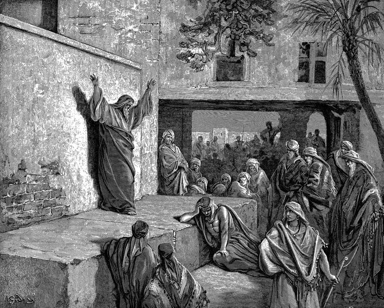 Moreshtite peygamber Mika İsrailoğullarına şöyle diyor: Çünkü, işte, Rab geliyor... ve inecek ve dünyanın yüksek yerlerine basacak. İncil Mika I:3. Gustave Dore'un çizimi 1865-1856. Ahşap oyma by Gustave Dore