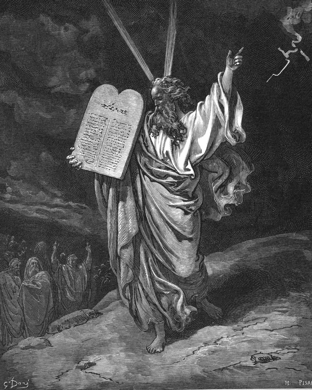 Musa, yasa tabletleriyle (On Emir) Sina Dağı'ndan iniyor. Çıkış 5.35. Gustave Dore (1832-1883) tarafından The Bible (Londra 1866) için çizim. Ahşap oyma. by Gustave Dore