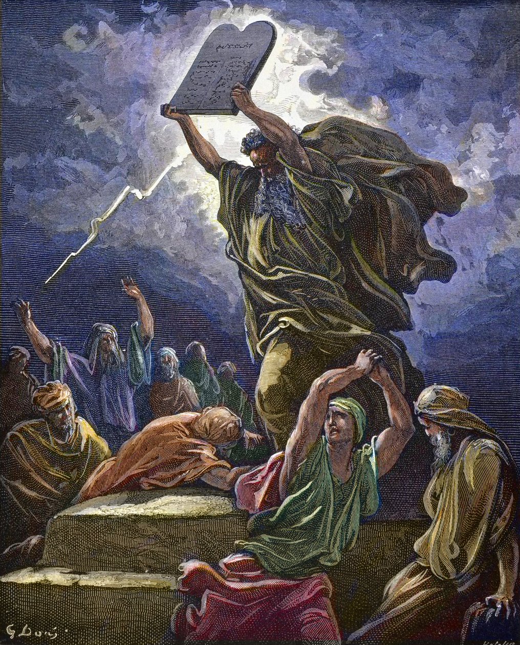 Musa, Yahudileri altın buzağıya taparken bulur ve yasanın kurallarını çiğner - Musa Yasa Tabletlerini Kırıyor - Gustave Dore (1832-1883) by Gustave Dore