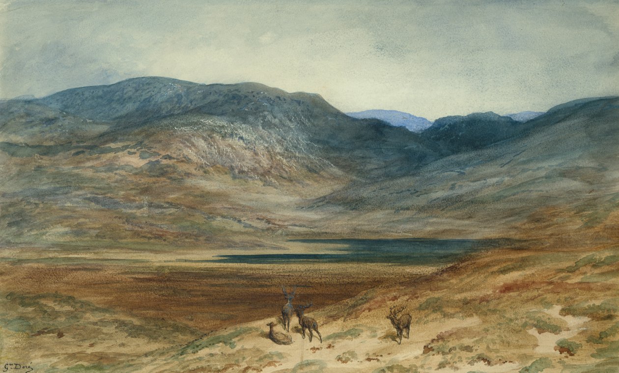 Geyiklerin olduğu dağlık manzara, 1873 (kağıt üzerinde tuvalet ve pastel boya) by Gustave Dore