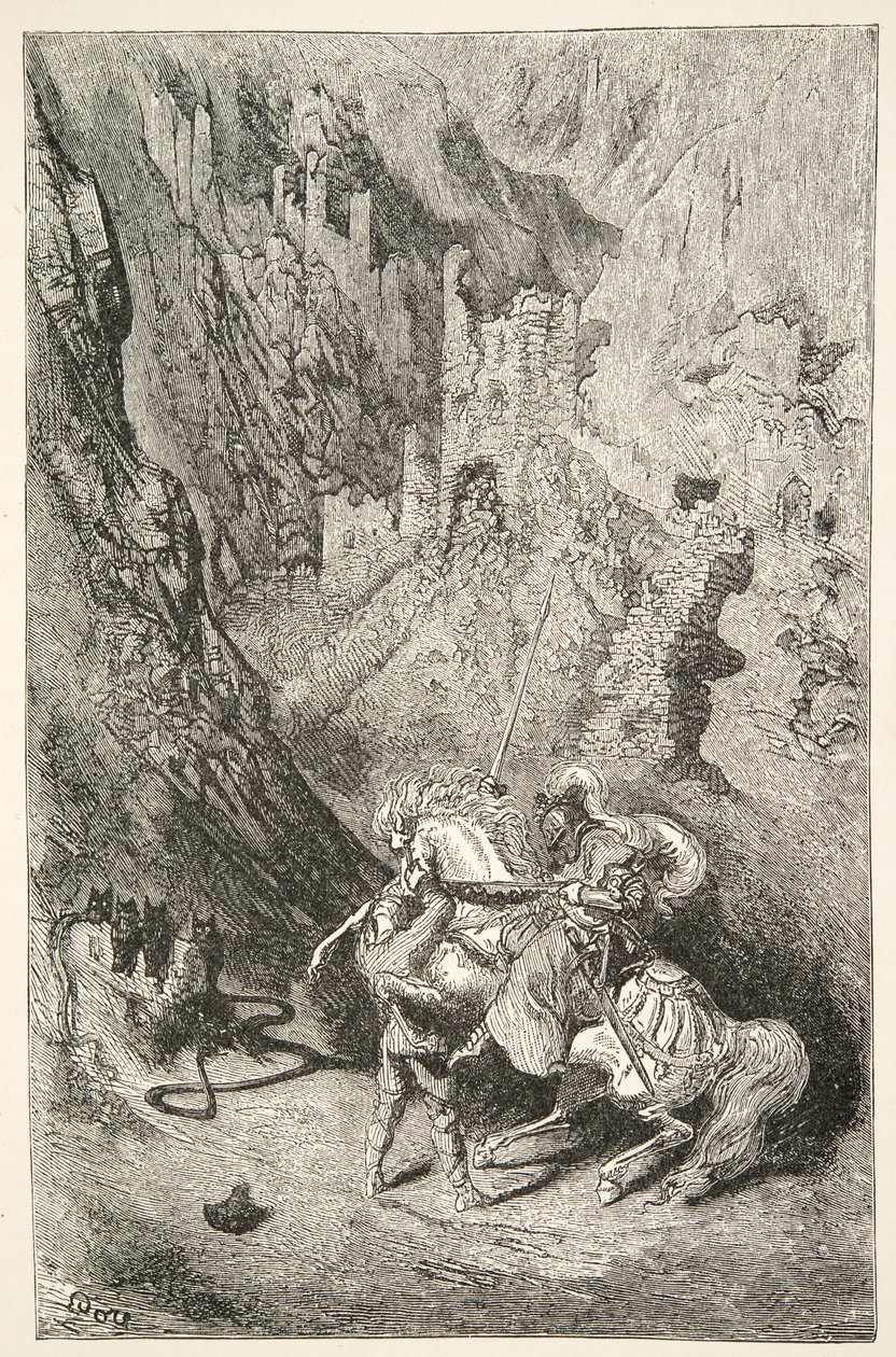 Yeşil Şapele Giden Yolda, Charles Henry Hanson tarafından yazılan Kral Arthur Günlerinin Öykülerinden, yayın. 1898 by Gustave Dore