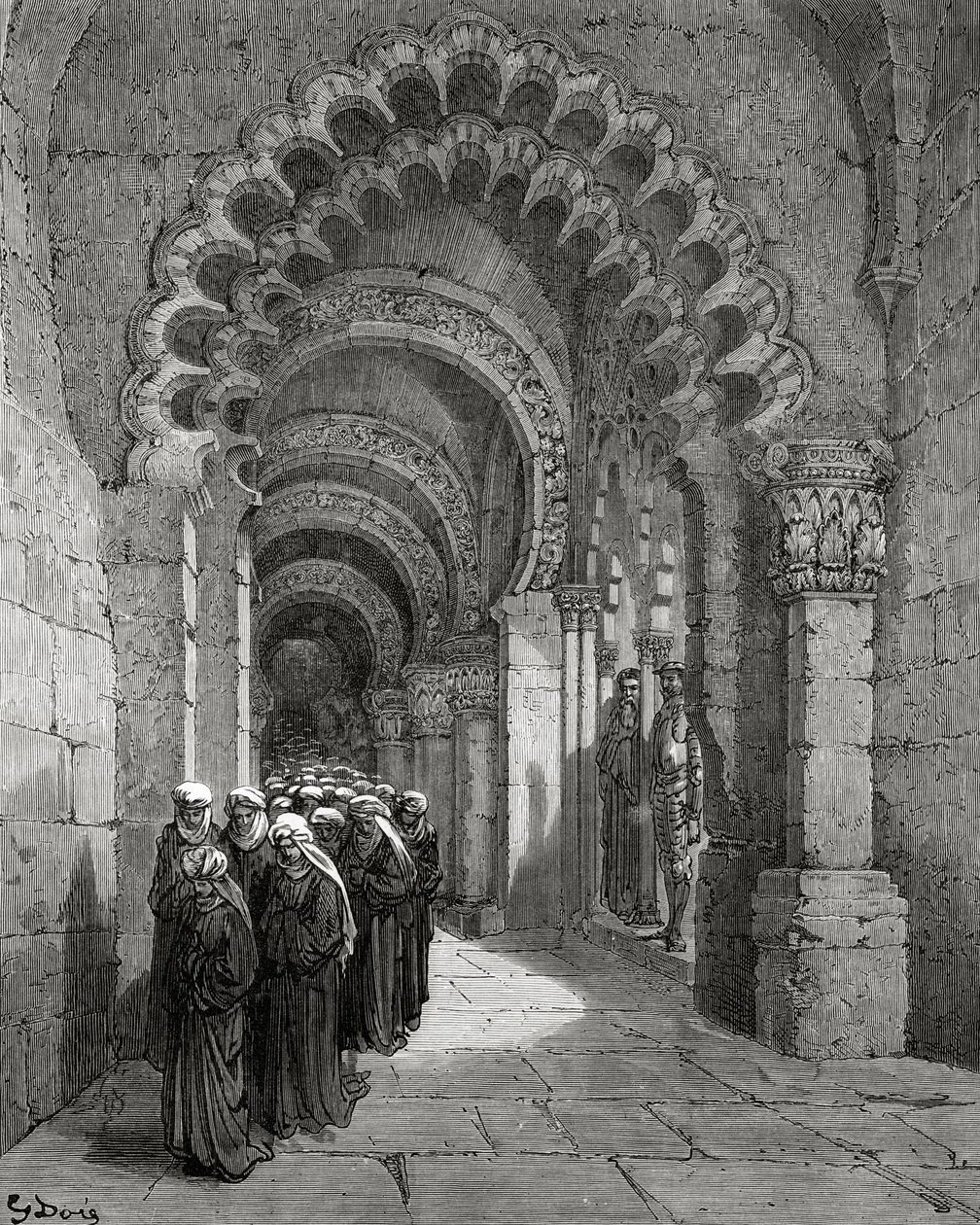 Miguel Cervantes'in 'Don Kişot de la Mancha'sından Kızların Yas Alayı, Heliodore Joseph Pisan tarafından kazınmış, c.1875 by Gustave Dore