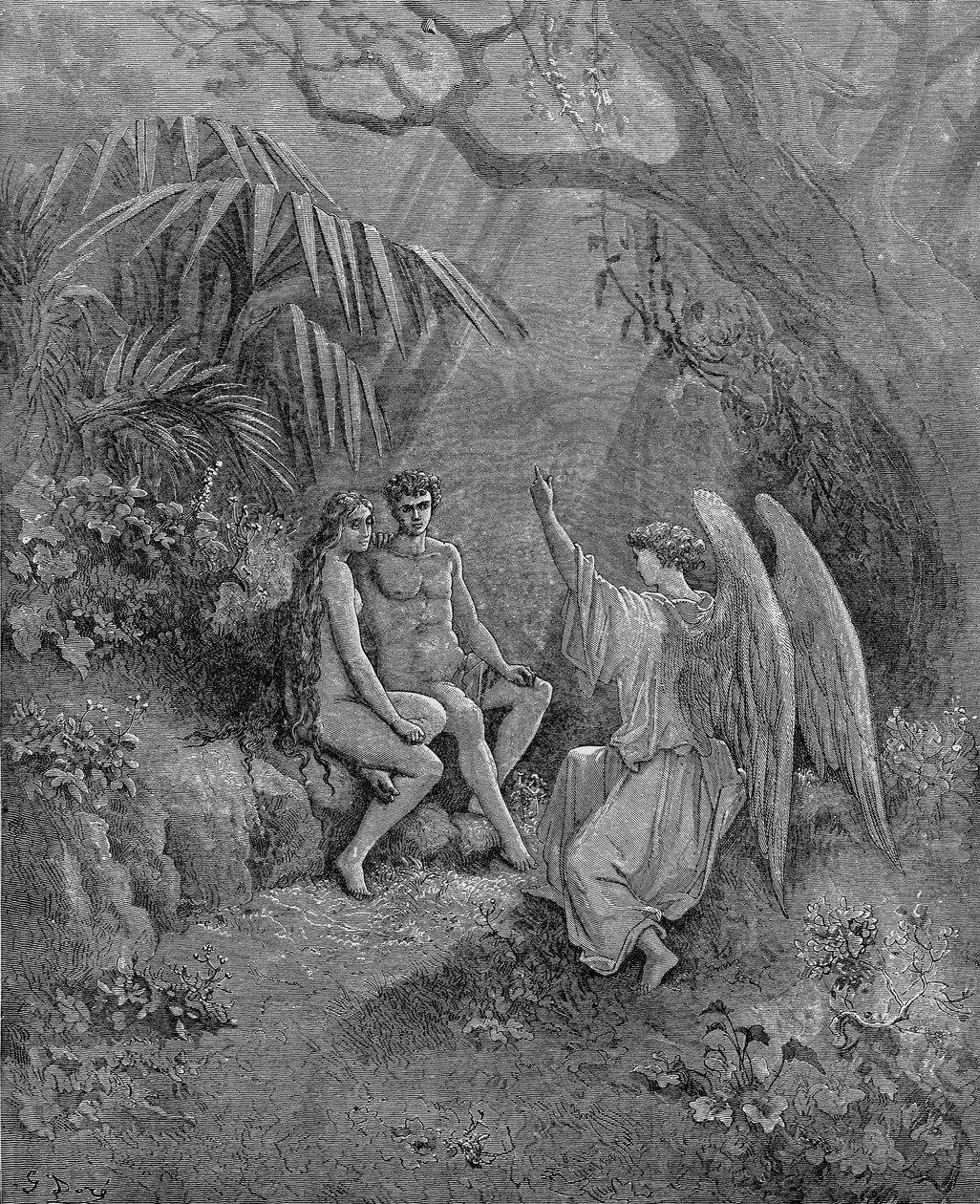 Raphael, Adem ve Havva ile konuşur. John Miltons Paradise Lost için çizim, 1866 by Gustave Dore