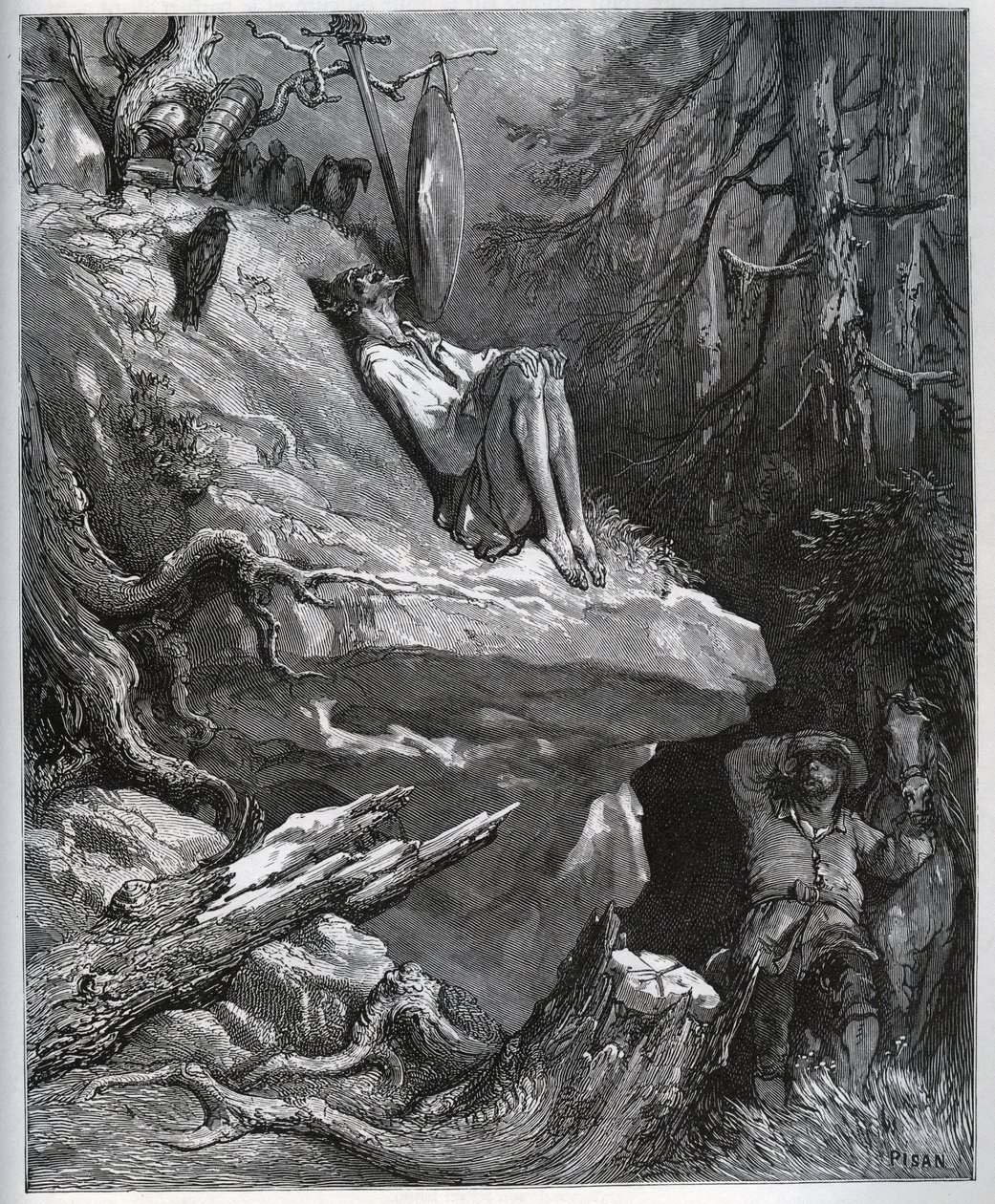 Sancho Panza efendisini her zaman pişmanlık içinde bulur - Miguel Cervantes (1547-1616) (Don Kişot) tarafından “” Don Kişot de la Mancha” dan - Gustave Dore tarafından çizildikten sonra gravür by Gustave Dore