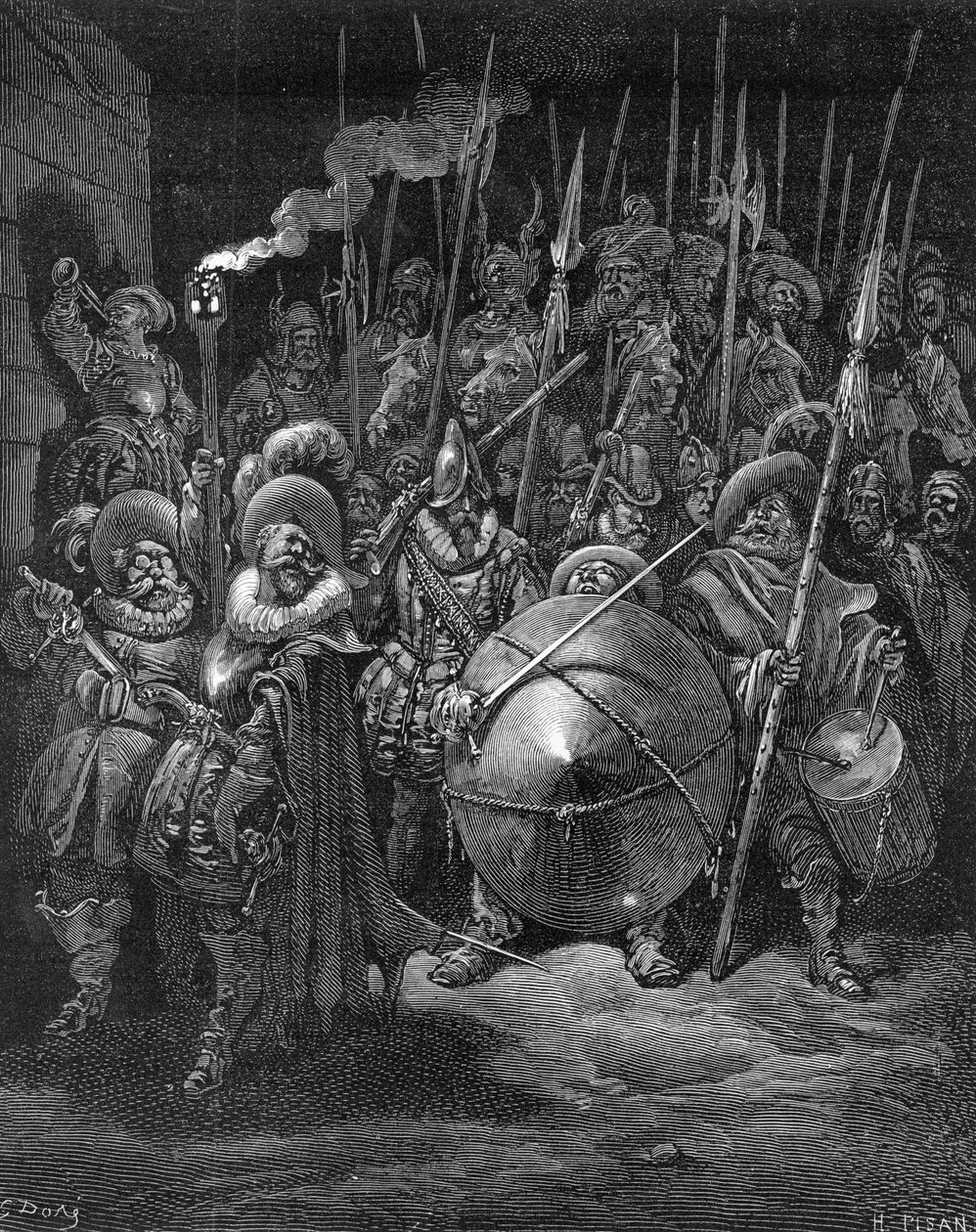 Sancho ve Şövalyeler, Miguel Cervantes tarafından 'Don Kişot de la Mancha'dan, Heliodore Joseph Pisan tarafından kazınmış, c.1875 by Gustave Dore