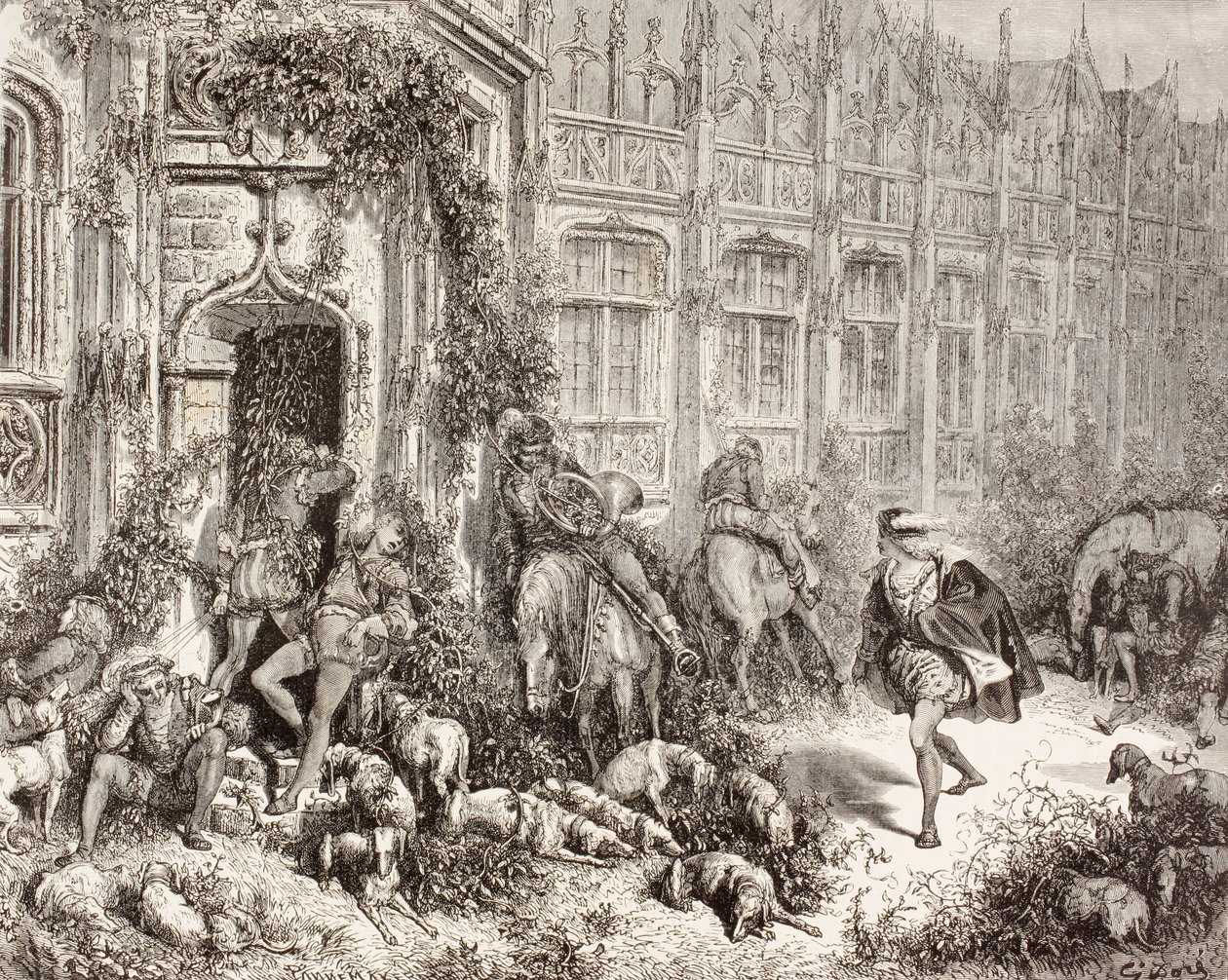 Charles Perrault imzalı Uyuyan Güzel filminden bir sahne. 1880 dolaylarında Barselona'da yayınlanan El Mundo Ilustrado'dan. by Gustave Dore