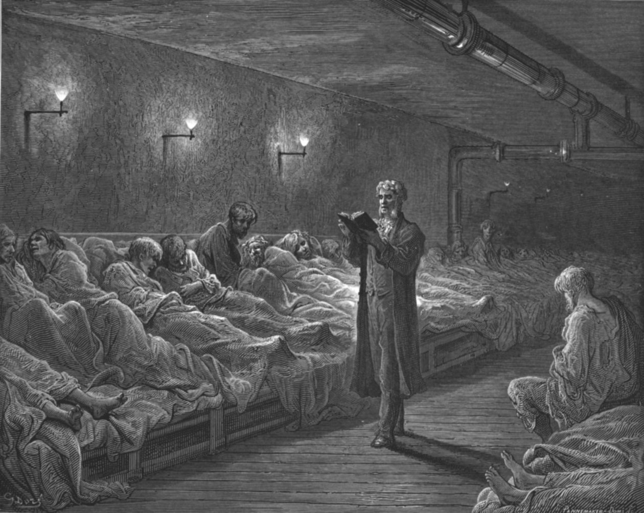 "Bir Gece Sığınağında Kutsal Kitap Okuyucusu", 1872. by Gustave Dore