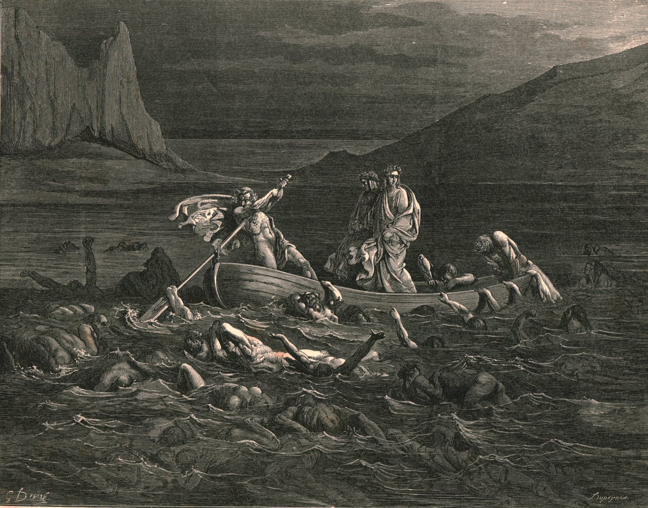 Her ikisi de gemiye biner atmaz, dalgaları keserek, c1890. by Gustave Dore