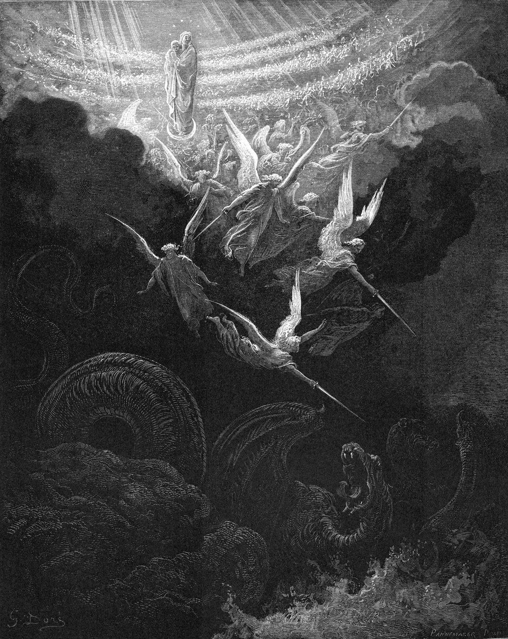 Başmelek Mikail ve melekleri ejderhayla savaşırken, 1865-1866 by Gustave Dore