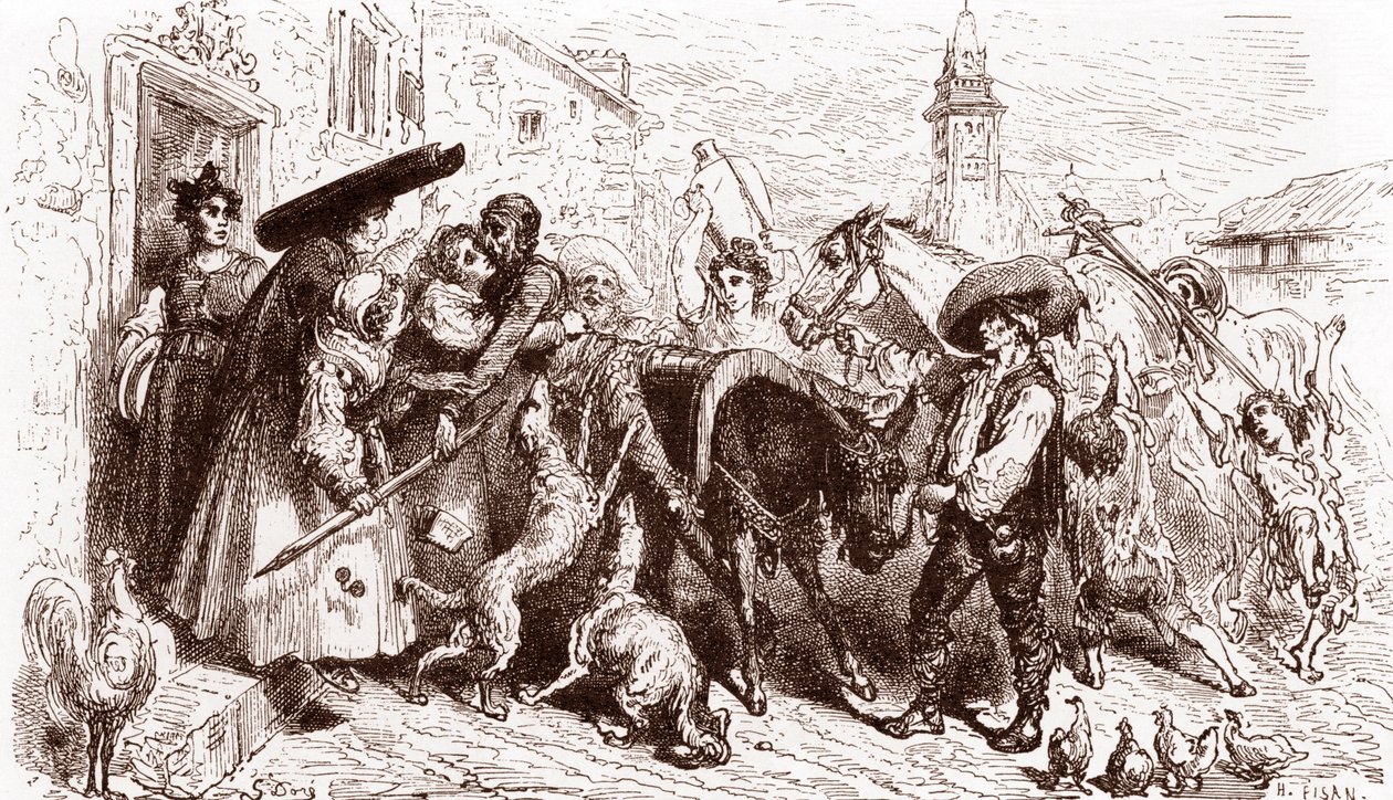 Hırpalanmış Kişot eve geliyor Miguel de Cervantes'in “L'Ingenieux Hidalgo Don Quixote de la Manche (Quixotte - Quijote)” için Gustave Dore (1832-1883) gravürü (1547-1616) 1863 Özel koleksiyon by Gustave Dore