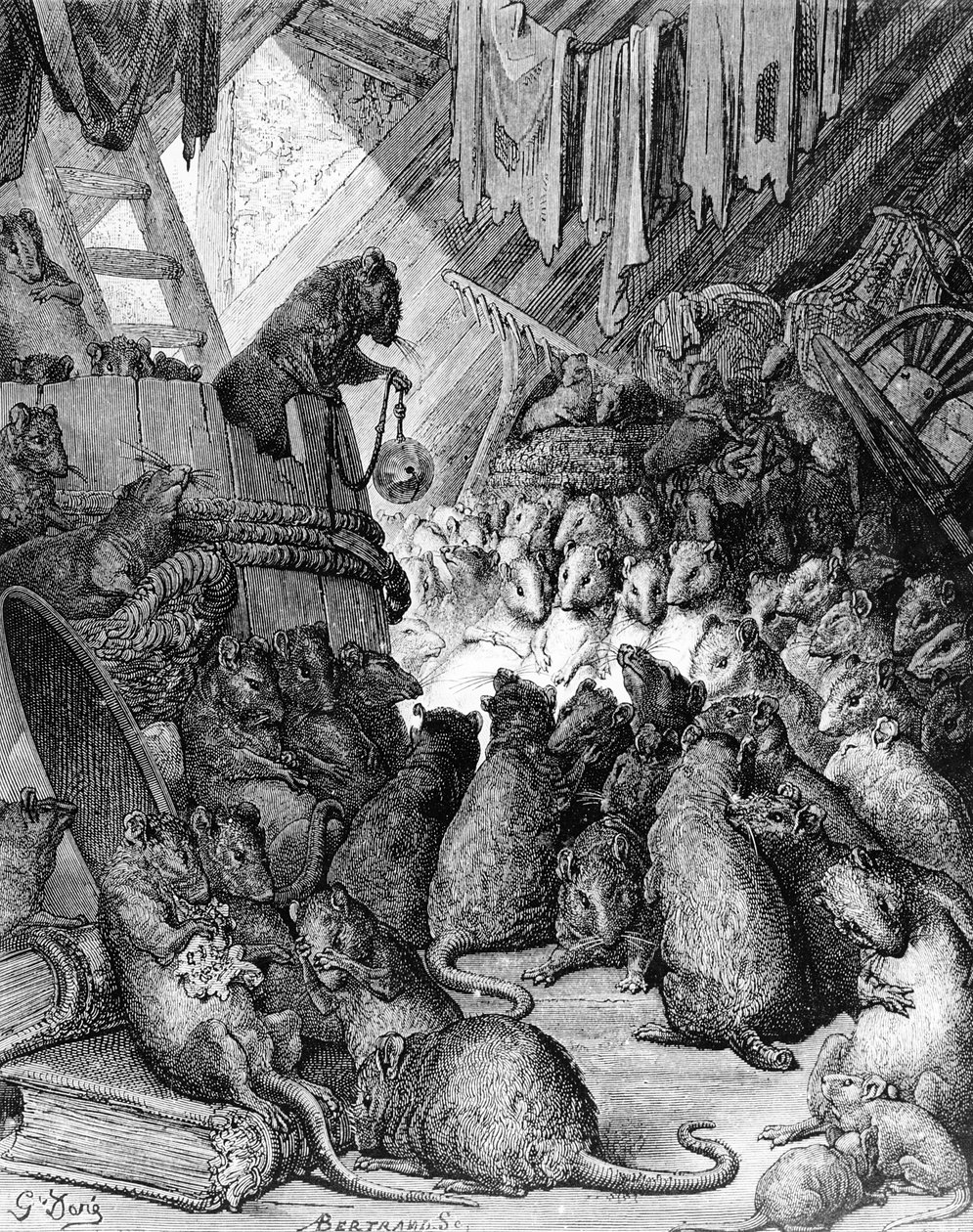 Antoine Valerie Bertrand (d.1823) tarafından oyulmuş La Fontaine Masallarından Fareler Tarafından Düzenlenen Konsey. 1868 by Gustave Dore