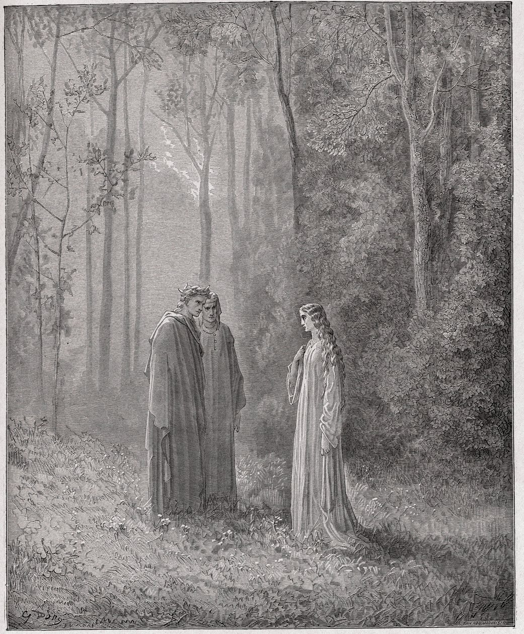 İlahi Komedya (La Divina Comedia, La Divine Comedie), Purgatorio, Canto 5: Dante, Pia de Tolomei (Tolommei) ile konuşuyor - Dante Alighieri (1265-1321) - Gustave Dore