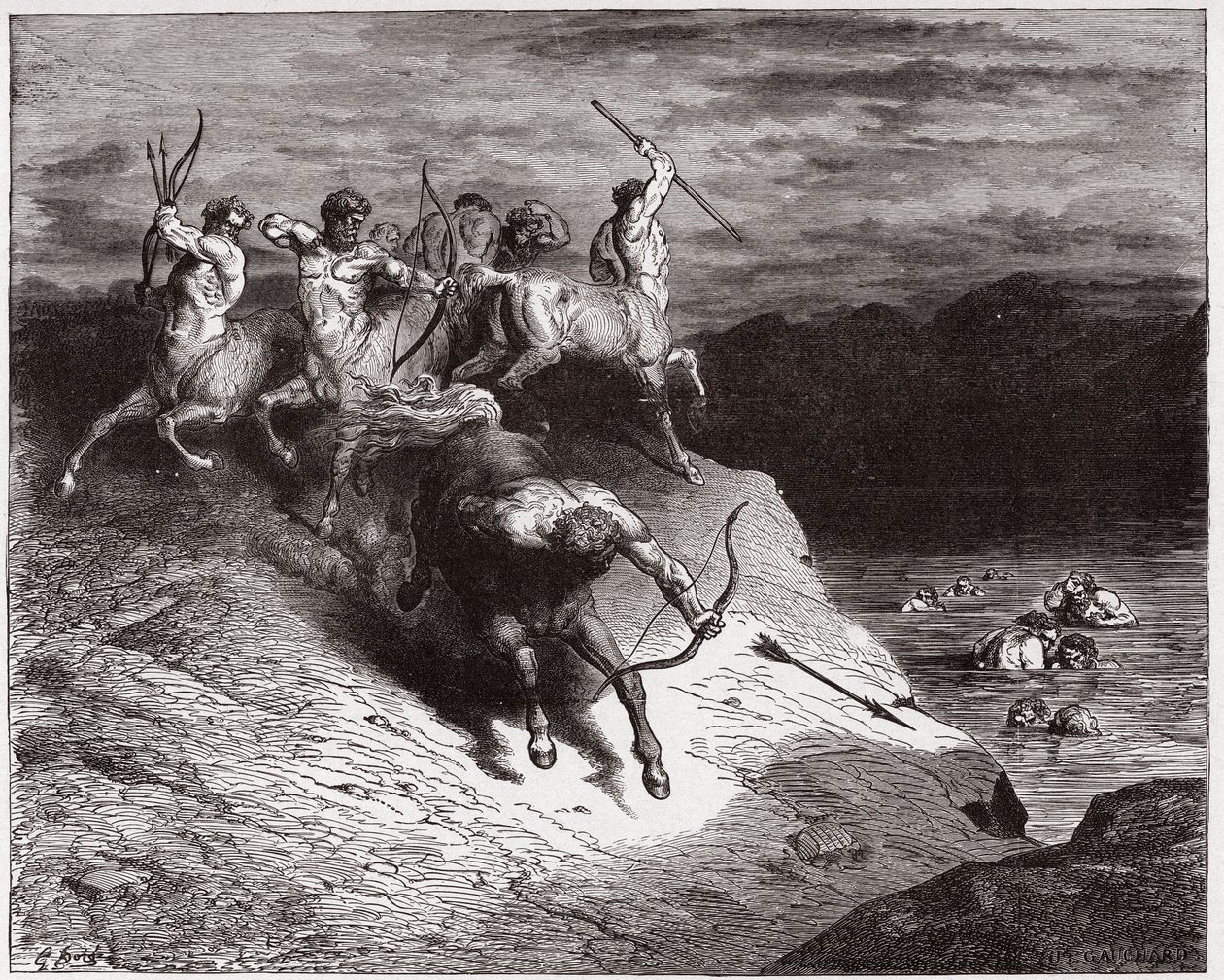 İlahi Komedya (La Divina Commedia, La Divine Comedie), Cehennem, Kanto 12: Centaurlar kaynayan kanla ruhlara saldırır - Dante Alighieri (1265-1321) - Çizim Gustave Dore (1832-1883) by Gustave Dore