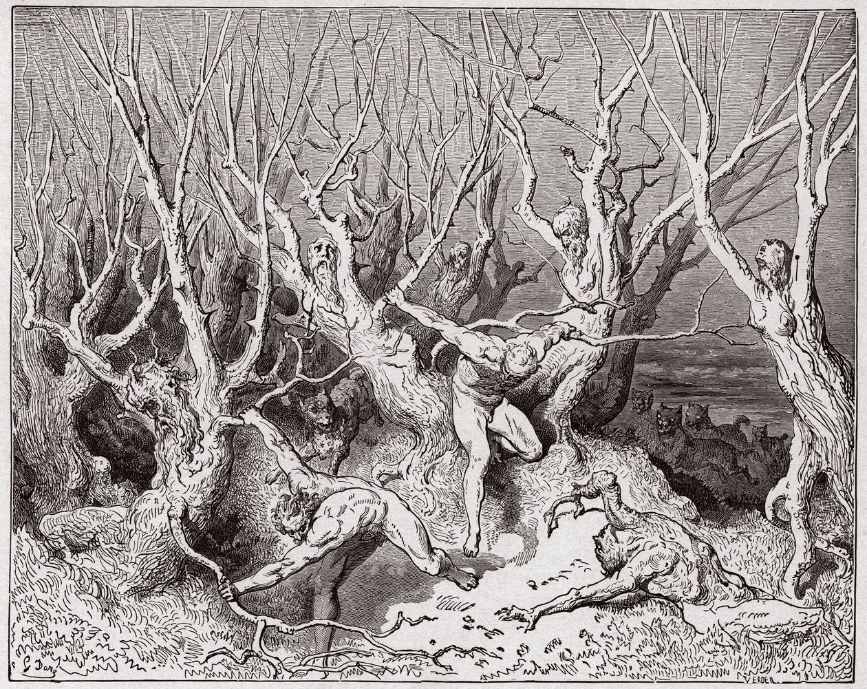 İlahi Komedya (La Divina Commedia, La Divine Comedie), Cehennem, Canto 13: İntiharlar ormandan kaçar - Dante Alighieri (1265-1321) - Çizim Gustave Dore (1832-1883) by Gustave Dore